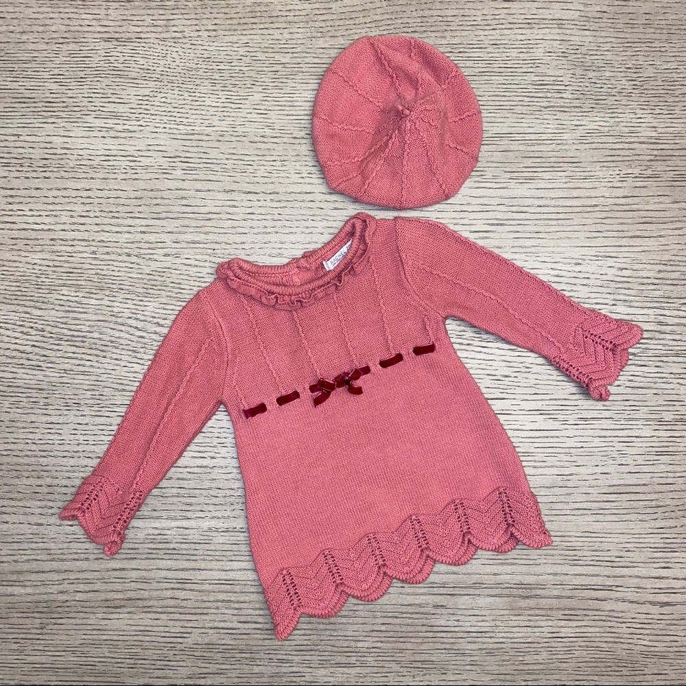 Pink knit long sleeve dress with matching hat